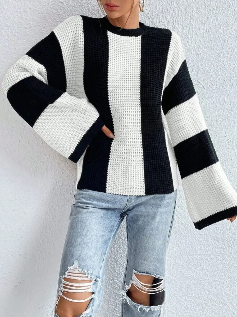Black And White Casual Women's Color Block Striped Batwing Sleeve Loose Sweater